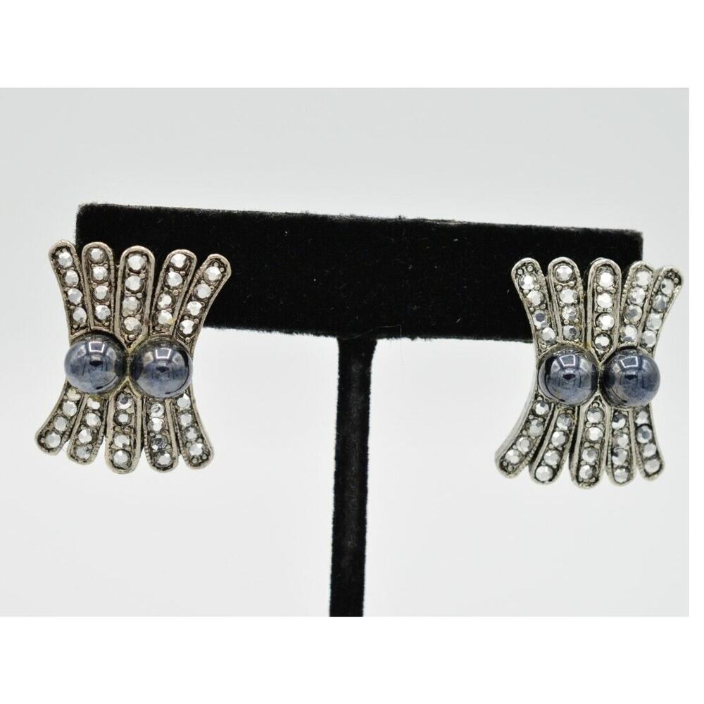 Vintage Cabochon Pearl Earrings Rhinestone Crystal Gray Post Gunmetal 1980s BinU